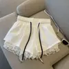 Calças Pretas de Cintura Elástica com Cordão e Perna Larga para Mulheres, Shorts de Verão com Renda em Patchwork de Cintura Alta em Linha A para Figuras Baixas, Calças Casuais