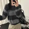 Suéter Redondo com Listras de Lantejoulas Feminino 2026 Outono Inverno Novo Estilo Coreano Solto Preguiçoso Macio Tricô Top