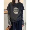 Diseño falso de dos piezas, estilo de nicho, camiseta larga de manga larga gruesa cepillada para mujer con retazos a rayas, camiseta base para principios de otoño