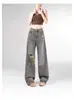 Calça Jeans Rasgada Plus Size para Mulheres, Outono Fina Solta Cinza Cimento Emagrecimento Cintura Alta Reta Perna Larga Tendência