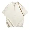 Camisa Polo de Verão para Homens, Estilo Retro Americano, Gola Henley, Manga Curta, Camiseta de Algodão Puro Pesado, Caimento Solto, Top de Cor Sólida