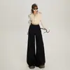 Calça pantalona larga de cintura alta estilo retrô americano com cós elástico e cordão, calça casual versátil para mulheres, coleção outono e inverno, e calça comprida