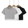 Deseo Puro Sexy Chica Caliente Diseño de Encaje Empalmado Cuello Medio Alto Ajustado Cintura Alta Ombligo Camiseta Corta Top de Mujer