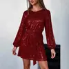 Vestido de Fiesta Nuevo de Primavera Versátil con Lentejuelas y Brillo, Cuello Diagonal y Estampado Dorado en Estilo Europeo y Americano para Mujer