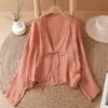 Cardigan de Algodão e Linho Estilo Chinês Novo Estilo Verão 2026, Camisa Artística Relaxada, Blusa Solta Plissada com Proteção Solar para Mulheres