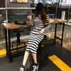 Primavera e Outono Novo Preto e Branco Listrado Longo Over-the-Knee Sweater Vestido Slim-Fit Com Capuz Slim Bainha Vestido Longo
