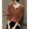 Suéter de punto casual para mujer, estilo dos piezas falsas, cuello en V, corte holgado, adelgazante, rejuvenecedor, jersey casual, top elegante de otoño
