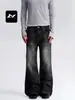 Calça jeans estilo retrô americano com bigodes de gato, lavagem preta nostálgica, perna reta unissex, corte slim, comprimento até o chão