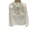 Nova coleção primavera 2024 para meninas de meia idade e crianças maiores, camisa versátil de madeira com orelha, estilo francês para crianças, princesa, manga longa com punho flare
