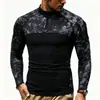 Camiseta masculina de manga comprida com zíper e gola alta, camuflada para fitness ao ar livre, tamanho europeu, outono e inverno, elástica