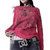 Camiseta Elegante de Manga Larga con Estampado de Ala de Pluma Vintage, Corte Ajustado, para Viajar, Exportación Europea y Americana Amazon, Cuello Redondo, con Pedrería