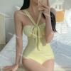 Moda Praia Feminina Fonte Termal Simples Cor Sólida Retrô Peito Pequeno Popular na Internet Novo Estilo Maiô Sexy Pescoço Sexy Estilo Fada
