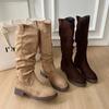 Botas Altas de Tacón para Mujer para Otoño e Invierno, Estilo Nuevo, Punta Redonda, Fruncidas, Efecto Adelgazante, Botas de Montar