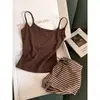 Pijama camisola cor café Melard para mulheres, estilo verão com bojos, shorts listrados, corte justo, pode ser usado fora de casa, conjunto para casa