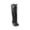 Botas largas de charol transfronterizas para otoño e invierno, punta redonda, plataforma impermeable, tacón ultraligero, botas de talla grande para mujer, tacón fino, cremallera lateral, botas altas hasta la rodilla de comercio exterior