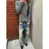 Camiseta de manga larga para hombre, estilo americano, corte limpio, rayas negras y grises, estampado de espinas de otoño, corte cuadrado, corta, ancha, capa interior, hombro normal