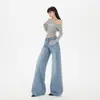 Calça Jeans Feminina Wide Leg Solta de Cintura Baixa Estilo Retrô Americano com Efeito Drapeado, Versátil Estilo Ins Outono/Inverno Novo Modelo