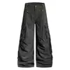 Pantalones de Trabajo de Estilo Retro Americano con Bolsillo Grande para Hombre, Diseño Punk de Moda con Pliegues, Jeans Sueltos de Pierna Ancha