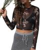 Camiseta Pulôver Feminina Europeia e Americana com Estampa Floral Sexy Perspectiva de Renda Manga Longa Curta Exposta no Umbigo Top Feminino A138