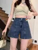 Shorts de Mezclilla Europeos y Americanos Tallas Grandes para Mujer, de Cintura Alta, Holgados, Adelgazantes, de Cinco Puntos Pierna Ancha, Verano Chica Caliente de Línea A Hot Pants