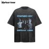 Camiseta de manga corta estilo americano retro con lavado al agua, divertida y antigua para niños, de verano, de marca moderna, holgada e informal para parejas.