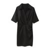 Vestido de Verão Transfronteiriço Europeu e Americano com Textura de Cetim de Seda Decote V Cintura Plissada Vestido de Manga Curta Vestido Feminino