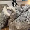 Juego de falda de cama de cuatro piezas con volantes de encaje vintage estilo francés, algodón puro lavado ultrasuave, juego de tres piezas para dormitorios de estudiantes