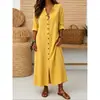 2026 Vestido Casual Feminino de Manga Média com Decote V e Botões na Frente, Corte Solto, para o Dia a Dia, Primavera, Verão, Outono