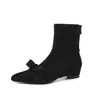 Botas slim super bonitas com laço para combinar com saias, outono/inverno 2026, salto médio baixo em cunha, bico fino, camurça, elásticas, curtas, para mulheres, tamanho 42