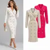 Vestido de malha com lapela dupla para mulheres estação independente padrão geométrico com cinto vestido estilo intelectual cor sólida vestido longo
