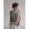 Camisola de tricô listrada estilo tailandês para mulheres, adequada para férias de verão na praia e sessões de fotos, top curto sem mangas inspirado na dopamina