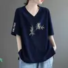 Camiseta Artística Slimming de Gola V com Manga Curta e Estampa Vintage de Leque para Mulheres - Comércio Exterior Transfronteiriço - Tendência Mãe