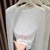 Camiseta Interior de Encaje con Cuello Redondo para Mujer 2025 Nuevo Otoño e Invierno Camiseta Interior de Tul con Calados Manga Larga Top de Gama Alta