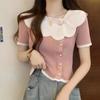Suéter Delicado de Manga Curta com Gola de Renda em Cor Contrastante para Mulheres Verão Novo Fino Ajustado Top Curto para Mulheres
