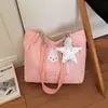 Bolsa Tote Prateada com Estampa de Estrelas Prateadas Estilo Coreano para Meninas Aplique de Coelho de Pelúcia Pingente de Estrela de Renda Bolsa de Ombro Versátil