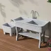 Fregadero de lavandería de piedra de cuarzo con tabla de lavar para uso interior y exterior, adecuado para patios de villas en planta baja y lavaderos de áticos, fregadero y lavabo integrados