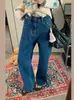 Jeans Retro Azul Lavagem com Enzimas Slim Straight Perna Larga Cintura Alta para Mulheres Design Bordado Versátil Emagrecedor H100906