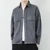 Nova Ferramenta de Primavera e Outono Camisa de Cor Sólida Manga Longa Casual Masculina Bolso de Casaco Jaqueta Retro Fashion