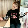 Camiseta de algodão puro, estilo fino para primavera e outono, blusa de base com manga patchwork para meninas, estilo coreano, estilosa e fofa, manga longa divertida de desenho animado