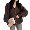 Cárdigan suéter casual de punto con cuello en V holgado estilo coreano para mujer, cárdigan de punto corto estilo suave para primavera y otoño, top adelgazante