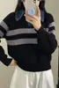 Outono Inverno Novo Estilo Suéter de Malha com Gola Jeans Falsa Duas Peças Feminino Solto Chique Listrado Color Block Afinando Top