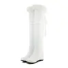 Botas Femininas de Cano Alto Acima do Joelho Elásticas Outono e Inverno Novas Impermeáveis Plataforma Salto Alto Cadarço nas Costas Aumento de Altura Interno Solado Grosso Botas Longas