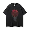 Camiseta estilo anime japonés con lavado desgastado, ropa urbana retro negra, corte extragrande, hombros caídos, talla grande, para uso diario, directo del fabricante