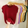 Blusa de malha solta oversized de seda gelada para mulheres, verão fina slim-fit gola redonda cor sólida versátil ombro caído manga curta