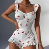 Pijama Nuevo para el Hogar 2025 con Lindo Estampado de Cerezas, Mangas Acampanadas, Camisola Dulce y Shorts Conjunto de Casa para Mujer