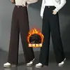 Pantalones de Pana de Algodón Lavado de Pierna Ancha Marrones con Forro de Felpa para Mujeres de Mediana Edad Pantalones Casuales Versátiles de Pana