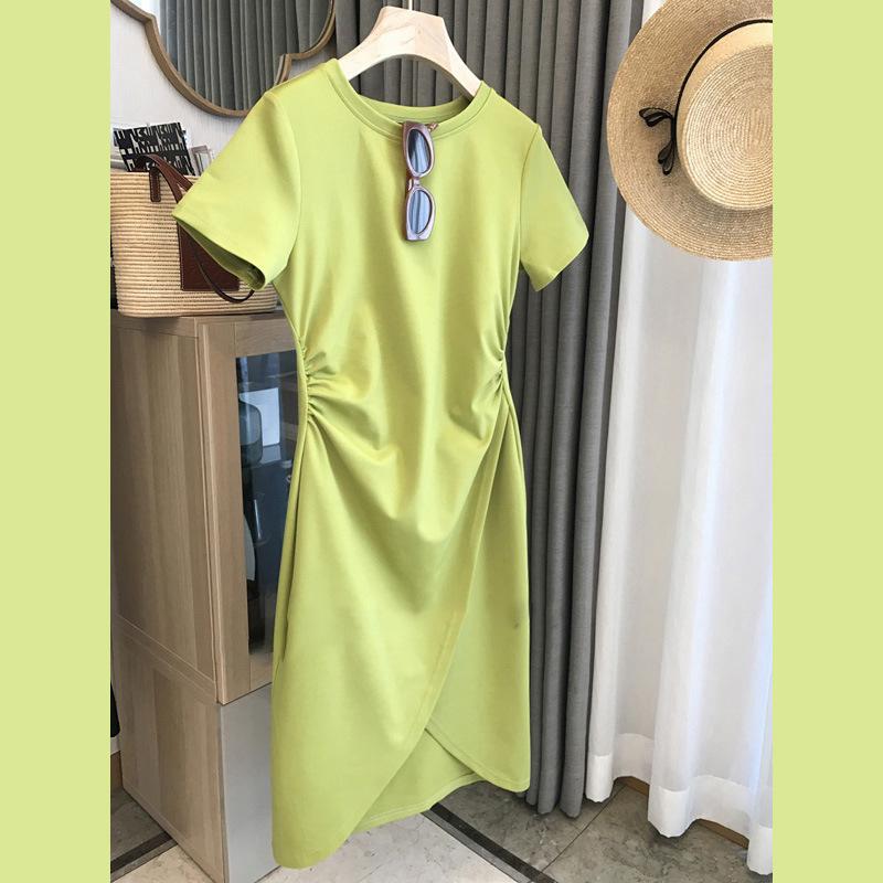 帮手主图-2022年新款夏季女感气质收腰薄款绿色t恤不规则连