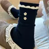 Calcetines para Mujer 2026 Otoño e Invierno Nuevos Calcetines Decorativos Rayados Retro Azul Marino Calcetines de Algodón para Mujer de Caña Media Holgados