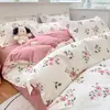 Estilo Coreano Gato Lindo Algodón de Sábila Juego de Cama de Cuatro Piezas Fondo Verde Fresco Estampado de Gato Negro Funda Nórdica Juego de Cama para Dormitorio Casa de Huéspedes