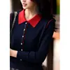 Polo de Punto de Lana con Bloques de Color de Manga Larga para Mujer 2026 Otoño e Invierno Nuevo Diseño Nicho Holgado Adelgazante Top